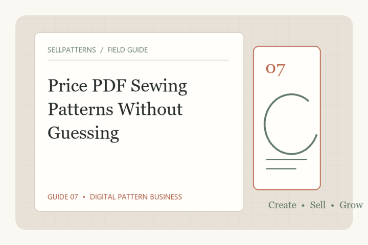 Original editorial illustration of a digital sewing pattern pricing worksheet