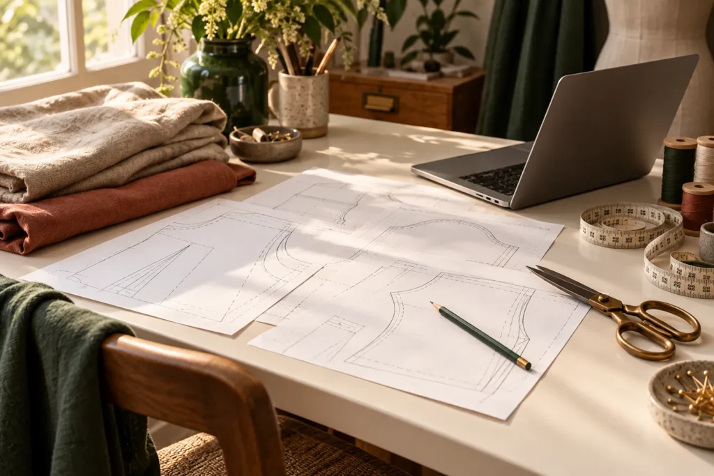 Sewing pattern sheets, linen fabric and tools on a creator’s worktable