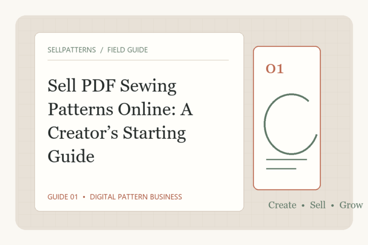 Original editorial illustration of sewing pattern pages and a storefront card