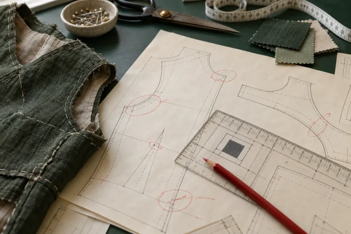Printed test square, measuring ruler and annotated sewing pattern pieces