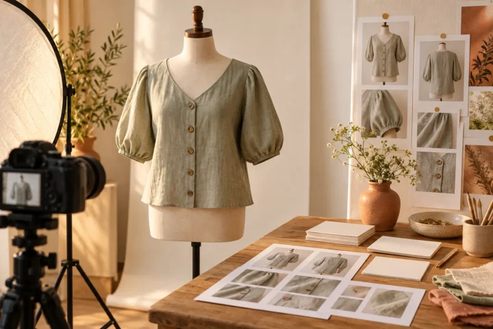 Linen garment photo setup beside a sewing pattern listing planning workspace