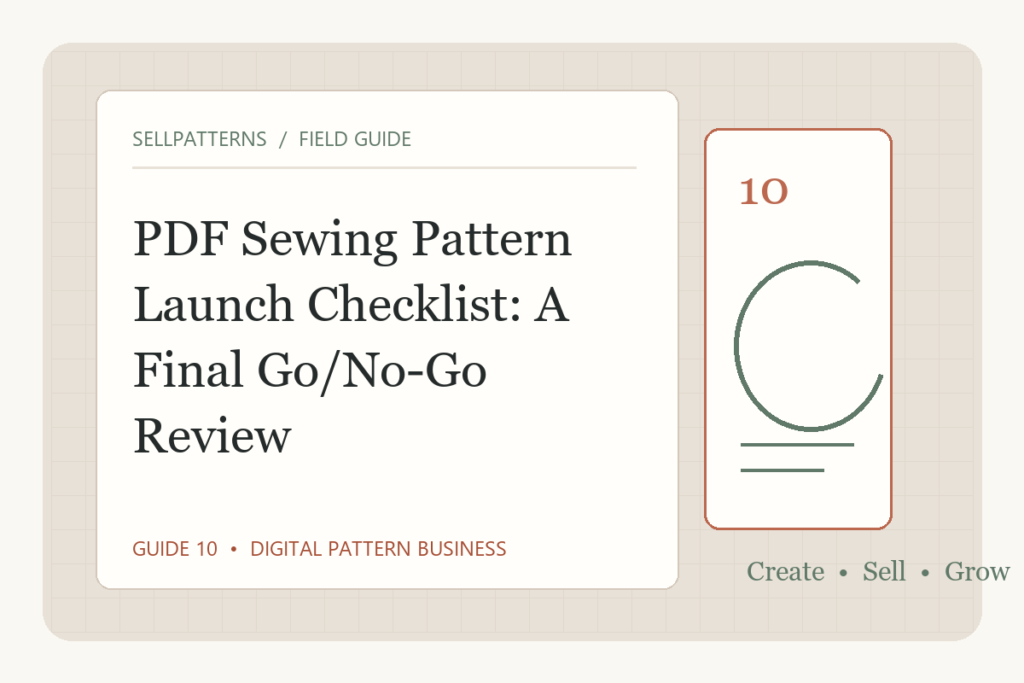 Original editorial illustration of a digital sewing pattern launch checklist