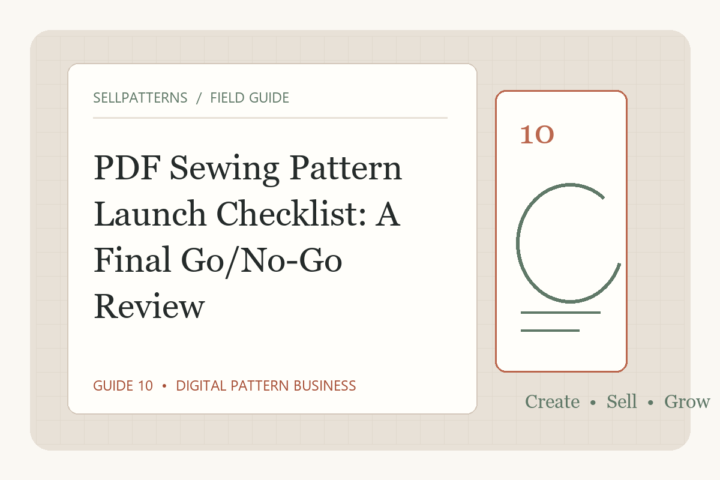 Original editorial illustration of a digital sewing pattern launch checklist