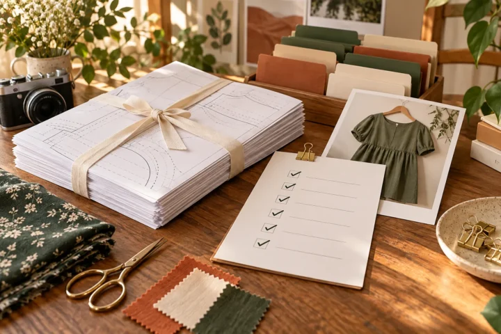 Release checklist beside a packaged PDF pattern and garment product photo